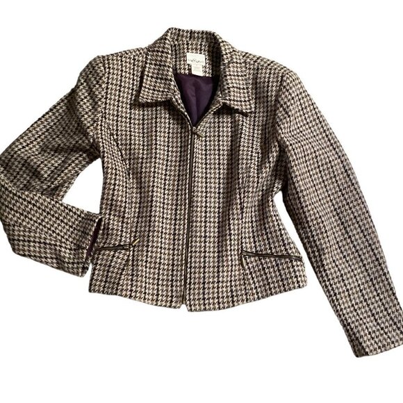 Hillard & Hanson USA Houndstooth Wool Blend Cropped Zip Jacket Sz 6 #205D - Picture 1 of 10